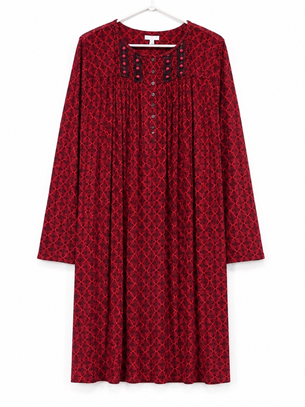 Red Patterned Long-Sleeve Women's Night Dress